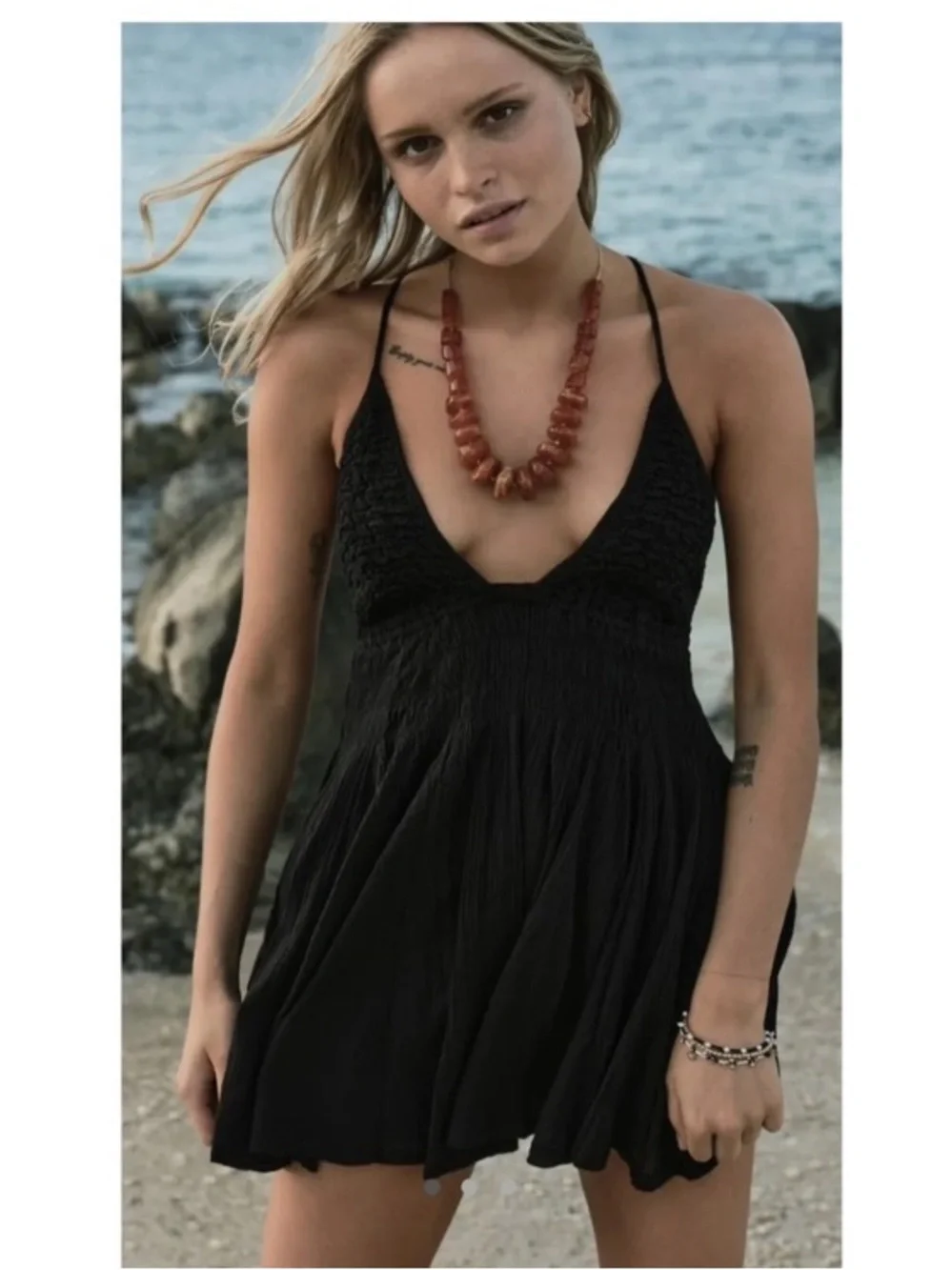 Free People Forever Favorite Mini Boho Dress Black XS
